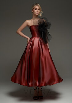 Вечернее платье Ника миди Бордо-V69842. С пышной юбкой, длинное без шлейфа.