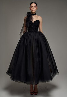 Вечернее платье Прим Миди Дарк + Шарф-V70032. С пышной юбкой, длинное без шлейфа.