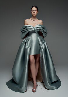 Вечернее платье Зендая Минт + Шлейф-V70718. С прямой юбкой, короткое со шлейфом.